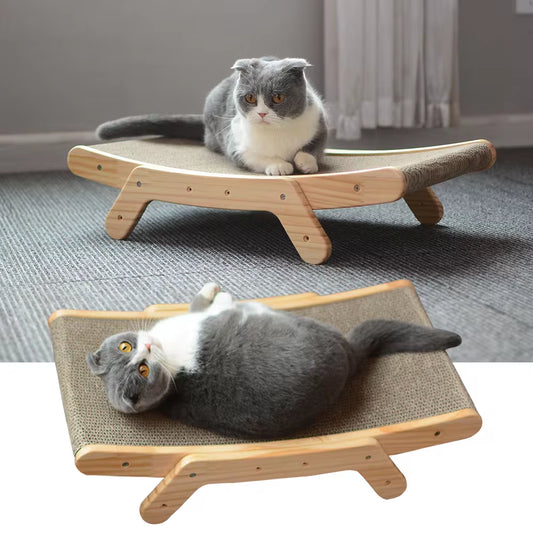 Transform Your Cat's Playtime with the 3-in-1 Wooden Cat Scratcher Lounge Bed - Perfect for Scratching, Playing, and Napping!